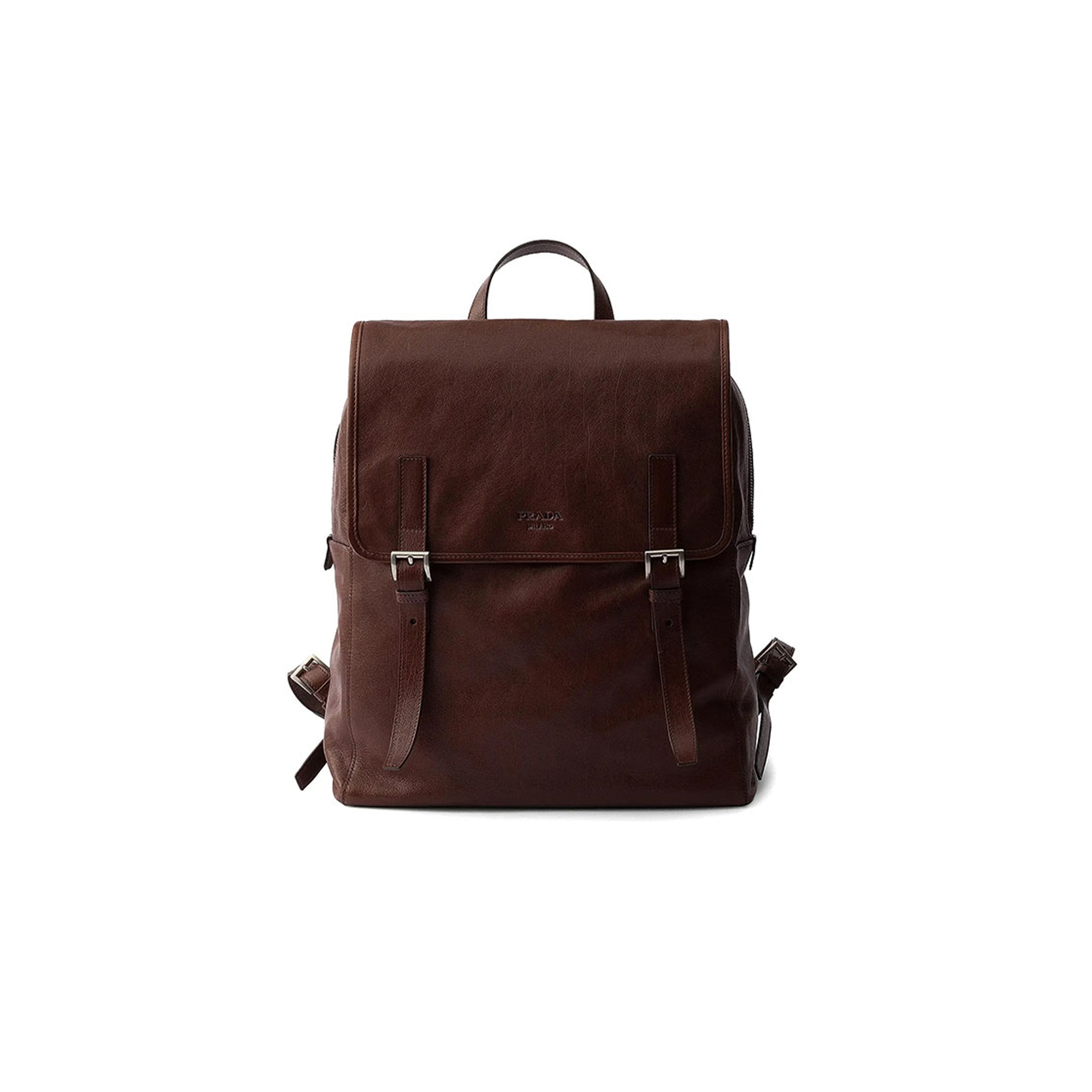PRADA BROWN BUCKLED LEATHER BACKPACK 2VZ119 (38*32*12cm)